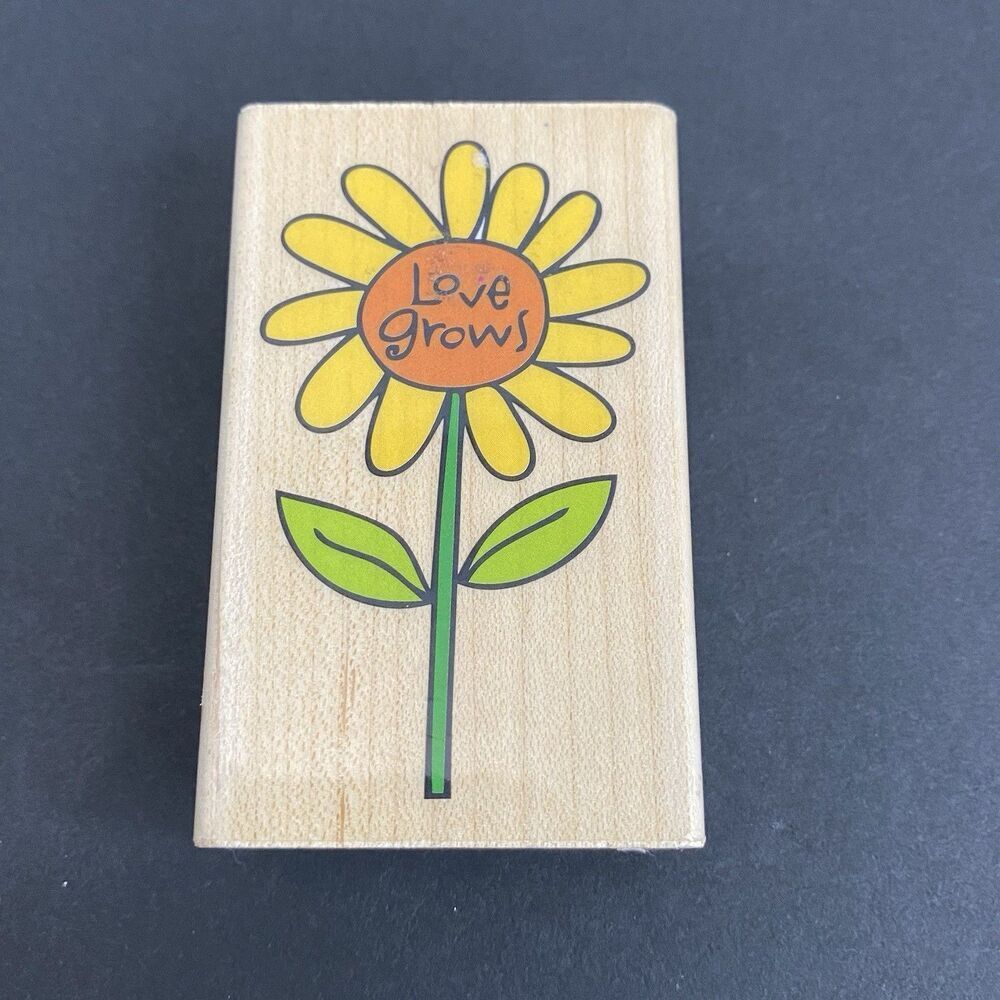 Hampton Art Wood Mounted Rubber Stamp Love Grows Love Daisy Floral Sunflower